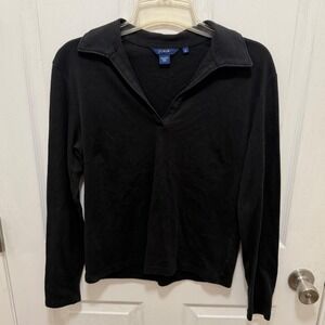 Vintage Y2K J. Crew Black Long Sleeve Preppy V-Neck Basic Capsule Collared Top M